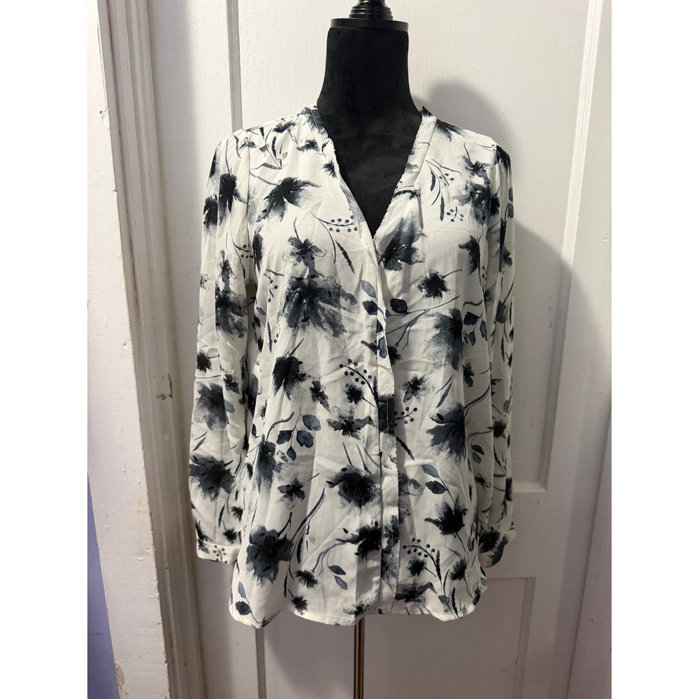 Pleione White Floral Long Sleeve V-Neck Blouse Top XS Navy Blue Flower Print